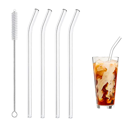 Set of 4 - Reusable Glass Straws With Cleaning Brush, Glass Drinking Straws