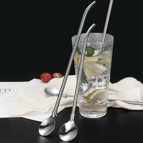 Pack of 6 - Stainless Steel Drinking Spon Straw Reusable Metal Straws Cocktail