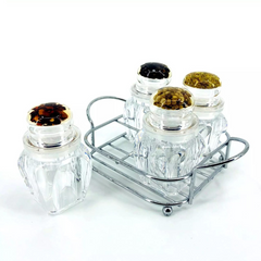 Crystal Salt and Pepper Set 4 piece acrylic with metal stand Fancy