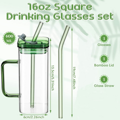 Random Color 400ml Square Glass Mug With Handle, Straw & Lid, Drinking Glass, Ad