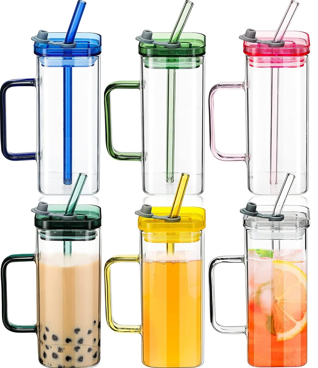 Random Color 400ml Square Glass Mug With Handle, Straw & Lid, Drinking Glass, Ad