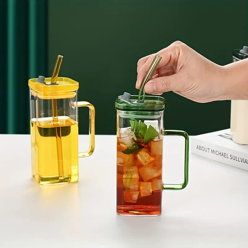 Random Color 400ml Square Glass Mug With Handle, Straw & Lid, Drinking Glass, Ad