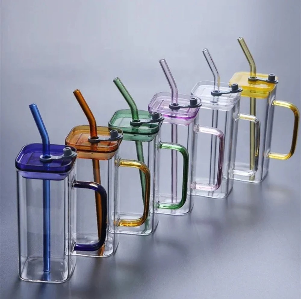 Random Color 400ml Square Glass Mug With Handle, Straw & Lid, Drinking Glass, Ad