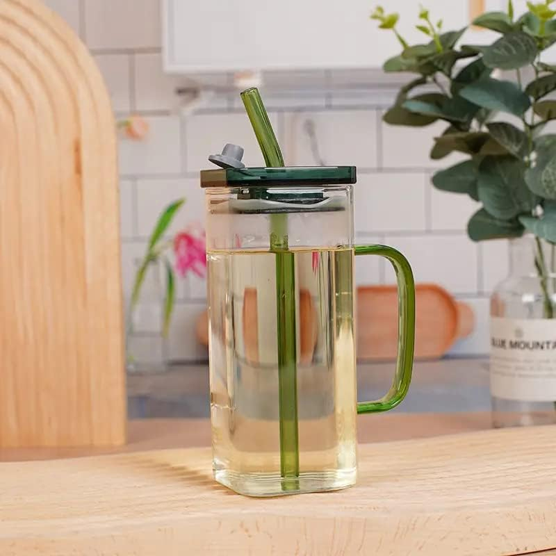 Random Color 400ml Square Glass Mug With Handle, Straw & Lid, Drinking Glass, Ad