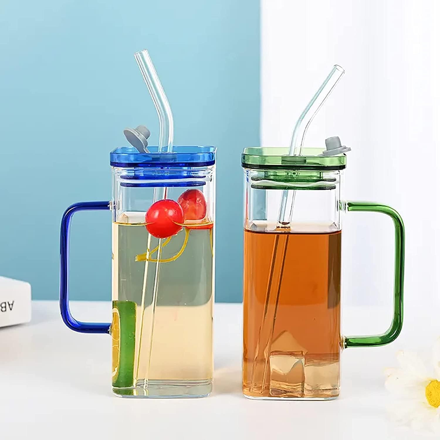 Random Color 400ml Square Glass Mug With Handle, Straw & Lid, Drinking Glass, Ad