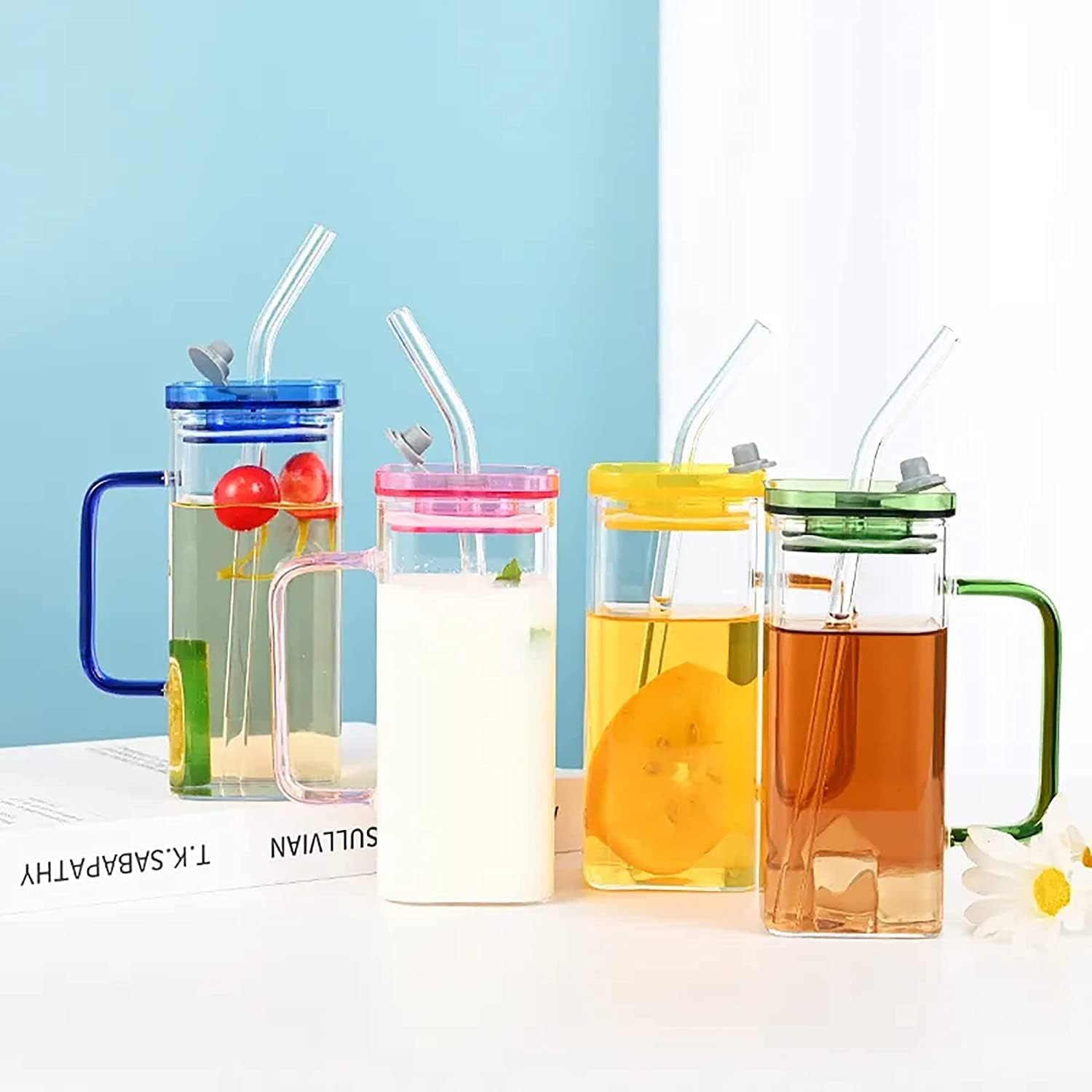 Random Color 400ml Square Glass Mug With Handle, Straw & Lid, Drinking Glass, Ad