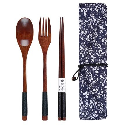 3Pcs/Set Portable Wooden Cutlery Sets Chopsticks Spoon Fork Travel Suit With Clo