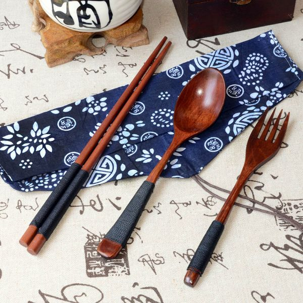 3Pcs/Set Portable Wooden Cutlery Sets Chopsticks Spoon Fork Travel Suit With Clo