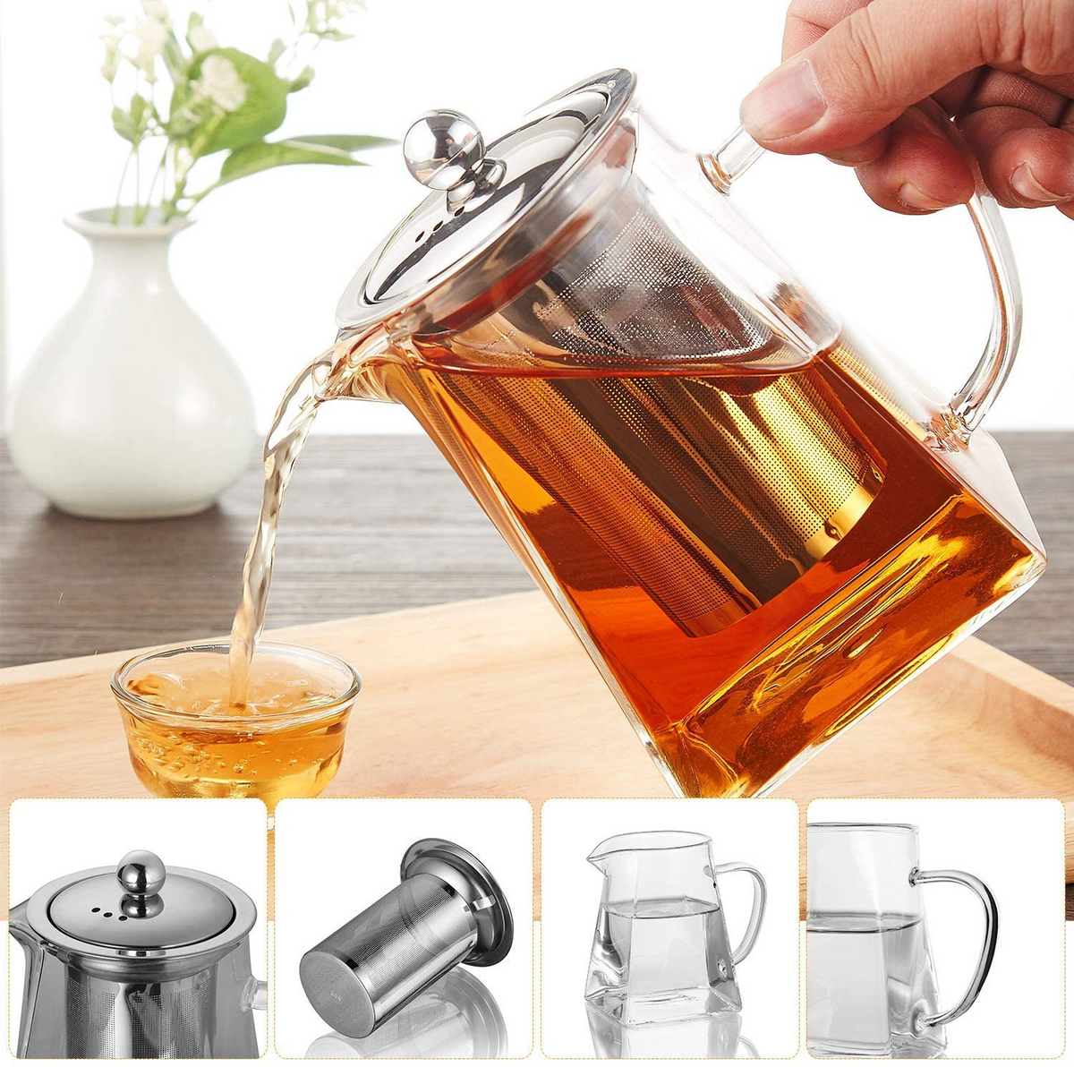 Square Glass Teapot with Heat Resistant Stainless Steel Infuser, Borosilicaate G