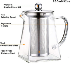 Square Glass Teapot with Heat Resistant Stainless Steel Infuser, Borosilicaate G