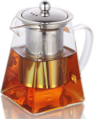 Square Glass Teapot with Heat Resistant Stainless Steel Infuser, Borosilicaate G