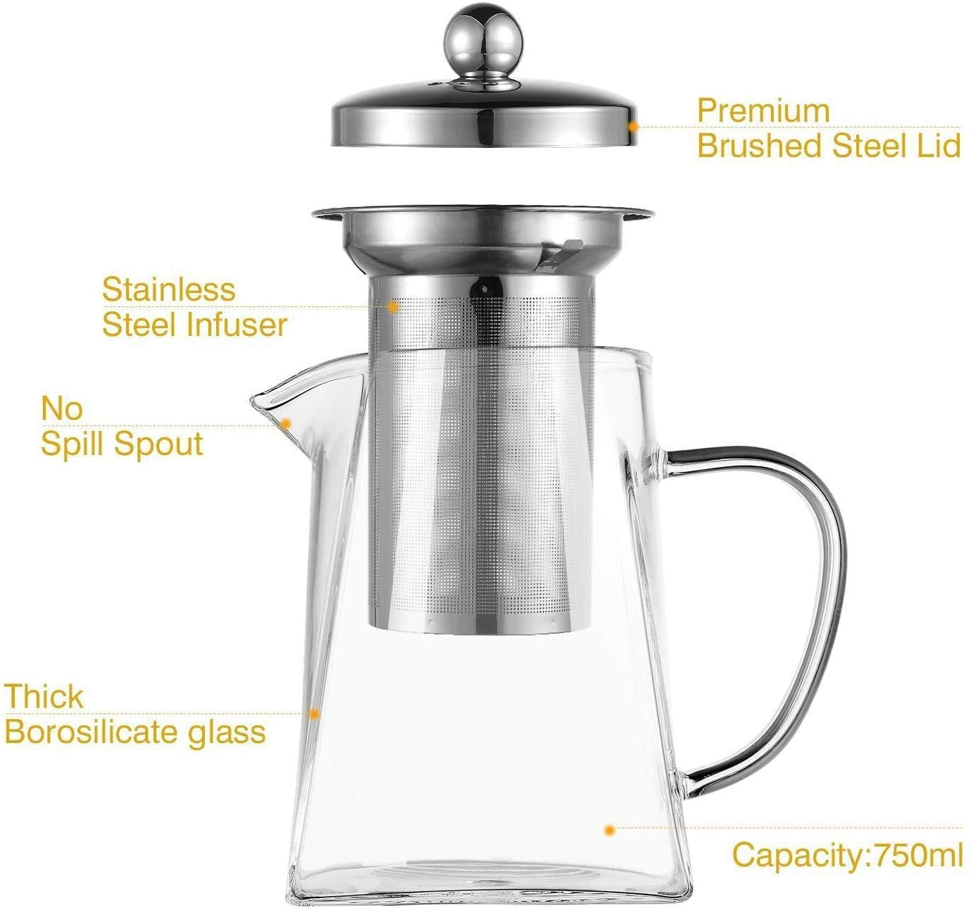 Square Glass Teapot with Heat Resistant Stainless Steel Infuser, Borosilicaate G