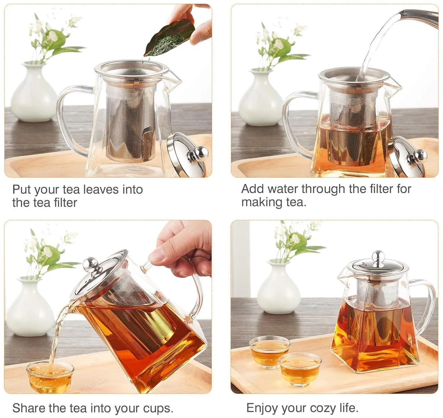 Square Glass Teapot with Heat Resistant Stainless Steel Infuser, Borosilicaate G