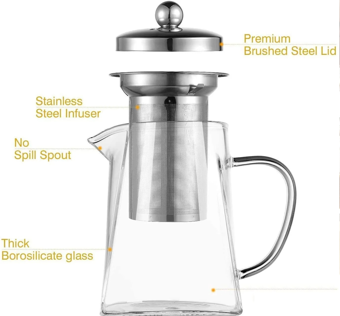 Square Glass Teapot with Heat Resistant Stainless Steel Infuser, Borosilicaate G