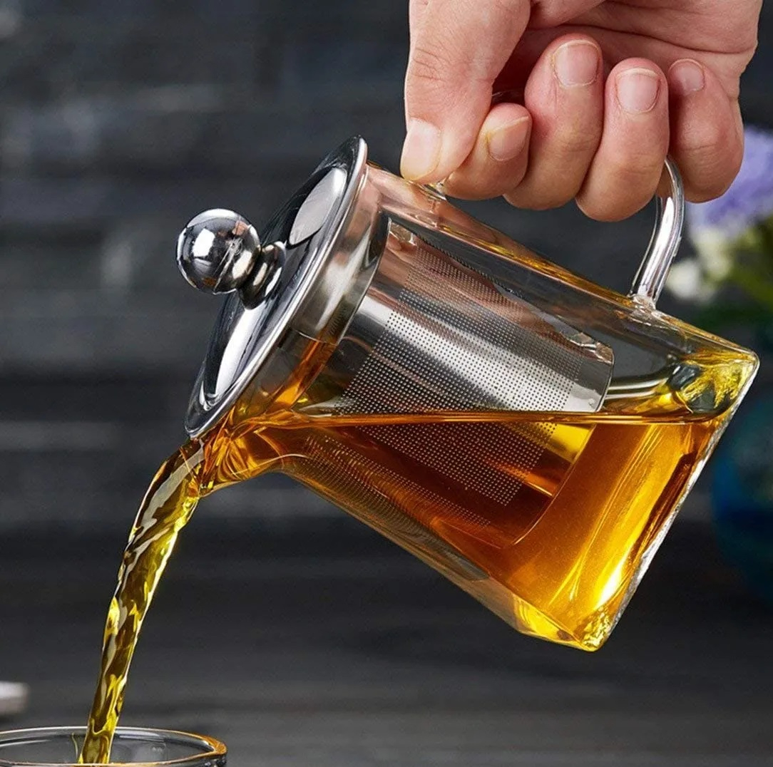 Square Glass Teapot with Heat Resistant Stainless Steel Infuser, Borosilicaate G