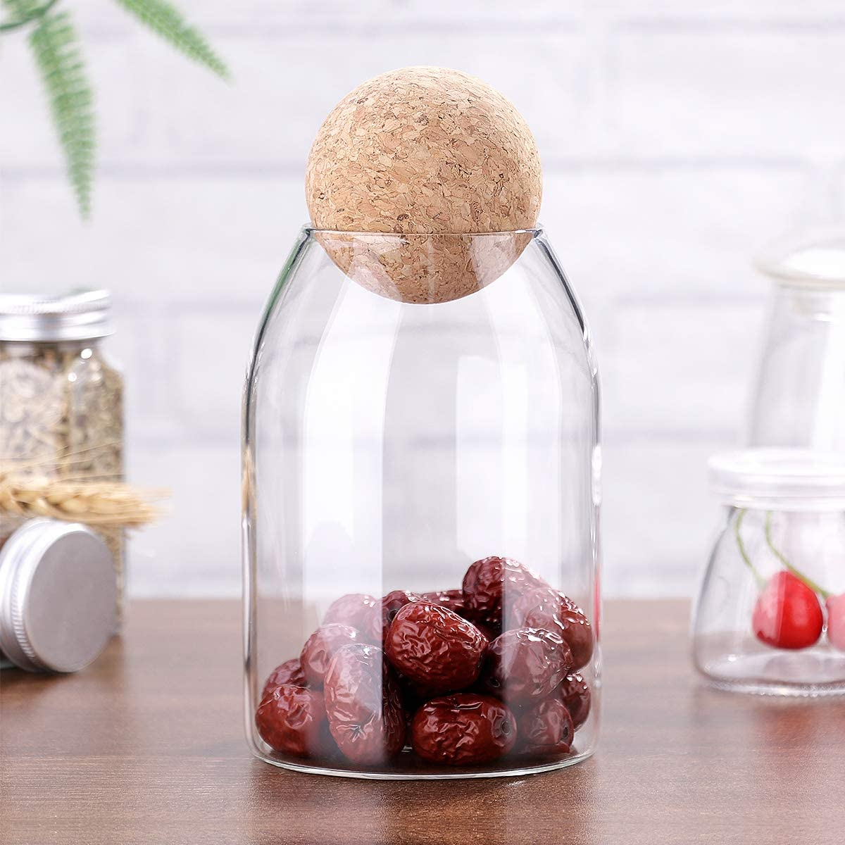 Clear Glass Kitchen Jar With Wooden Bamboo Airtight Seal Ball Cork Stopper Lid F