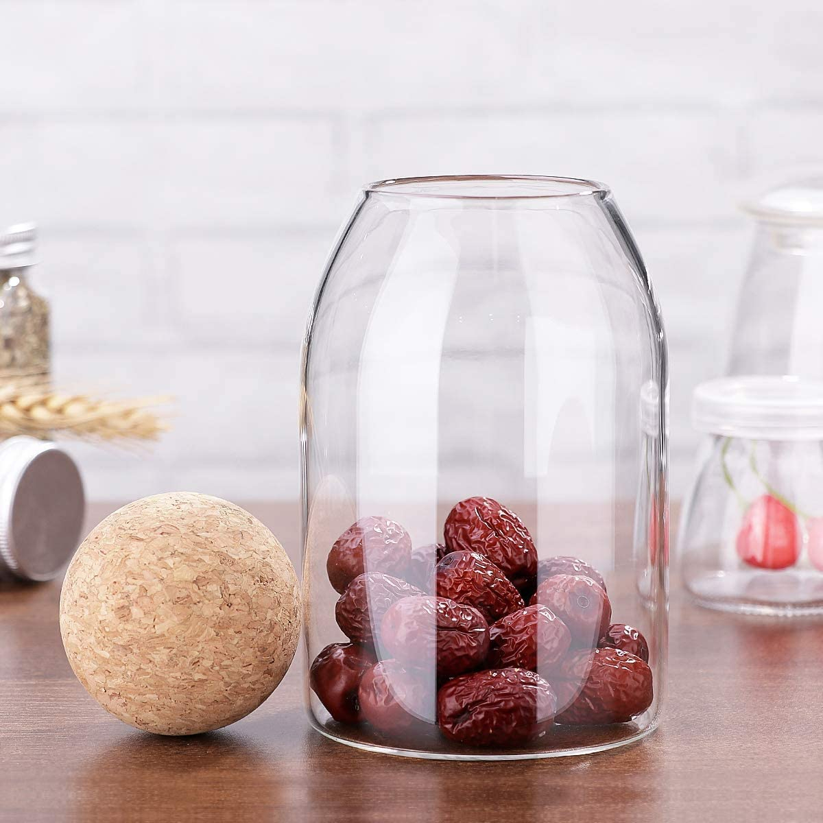 Clear Glass Kitchen Jar With Wooden Bamboo Airtight Seal Ball Cork Stopper Lid F