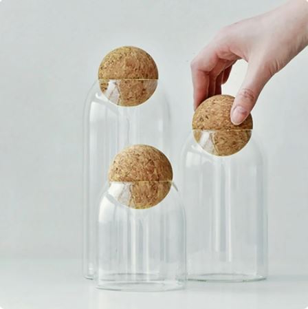 Clear Glass Kitchen Jar With Wooden Bamboo Airtight Seal Ball Cork Stopper Lid F