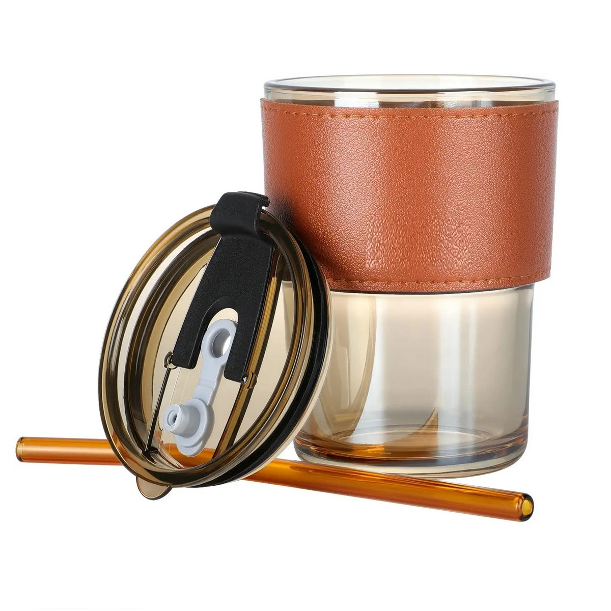 450ml Glass Tumbler with Straw, Lid & Leather Sleeve, Leather Sleeve