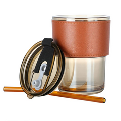 450ml Glass Tumbler with Straw, Lid & Leather Sleeve, Leather Sleeve