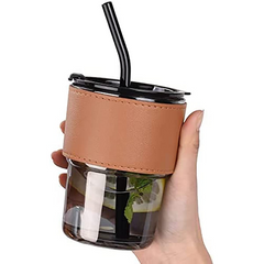 450ml Glass Tumbler with Straw, Lid & Leather Sleeve, Leather Sleeve