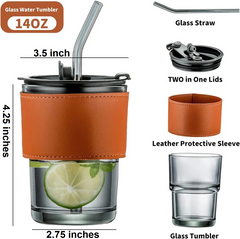 450ml Glass Tumbler with Straw, Lid & Leather Sleeve, Leather Sleeve