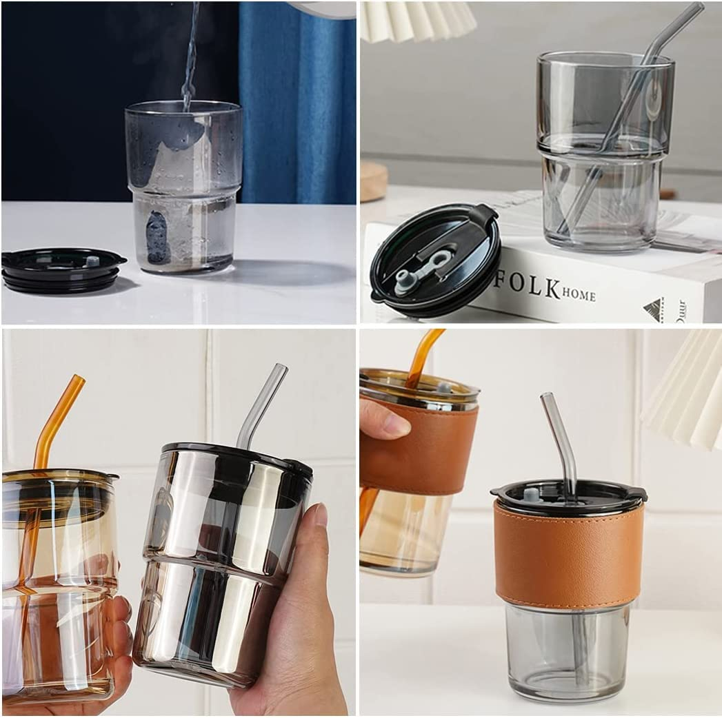 450ml Glass Tumbler with Straw, Lid & Leather Sleeve, Leather Sleeve