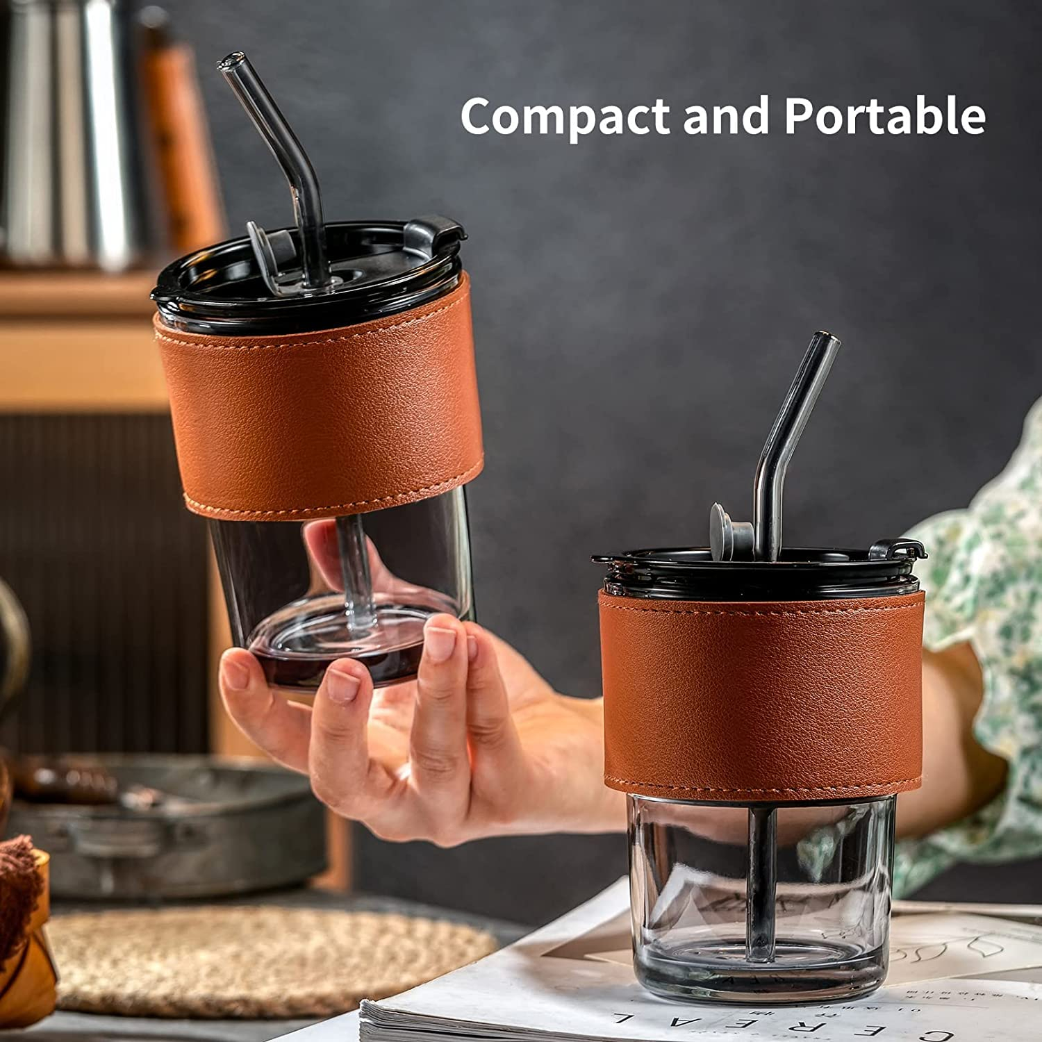 450ml Glass Tumbler with Straw, Lid & Leather Sleeve, Leather Sleeve