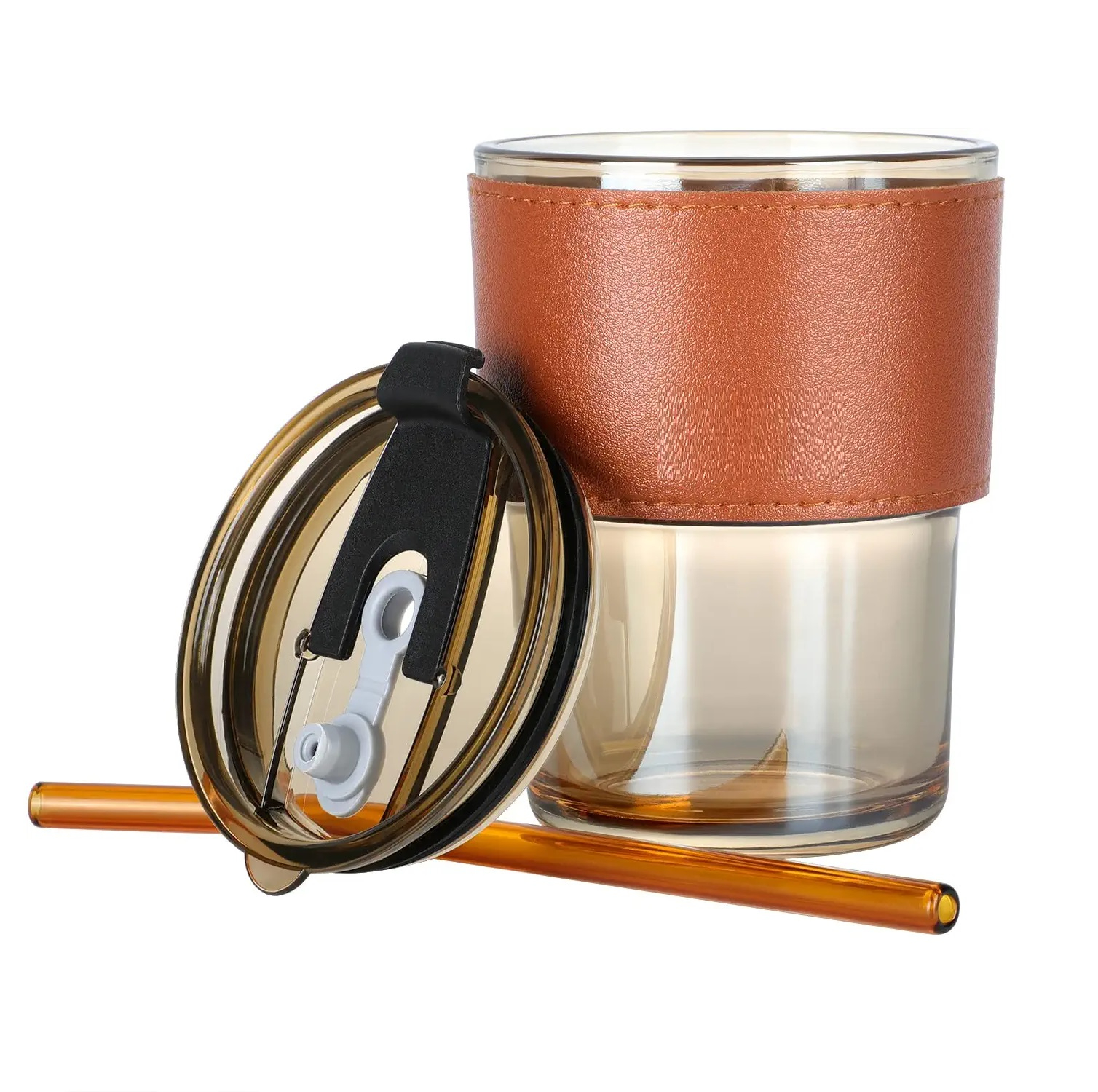 450ml Glass Tumbler with Straw, Lid & Leather Sleeve, Leather Sleeve