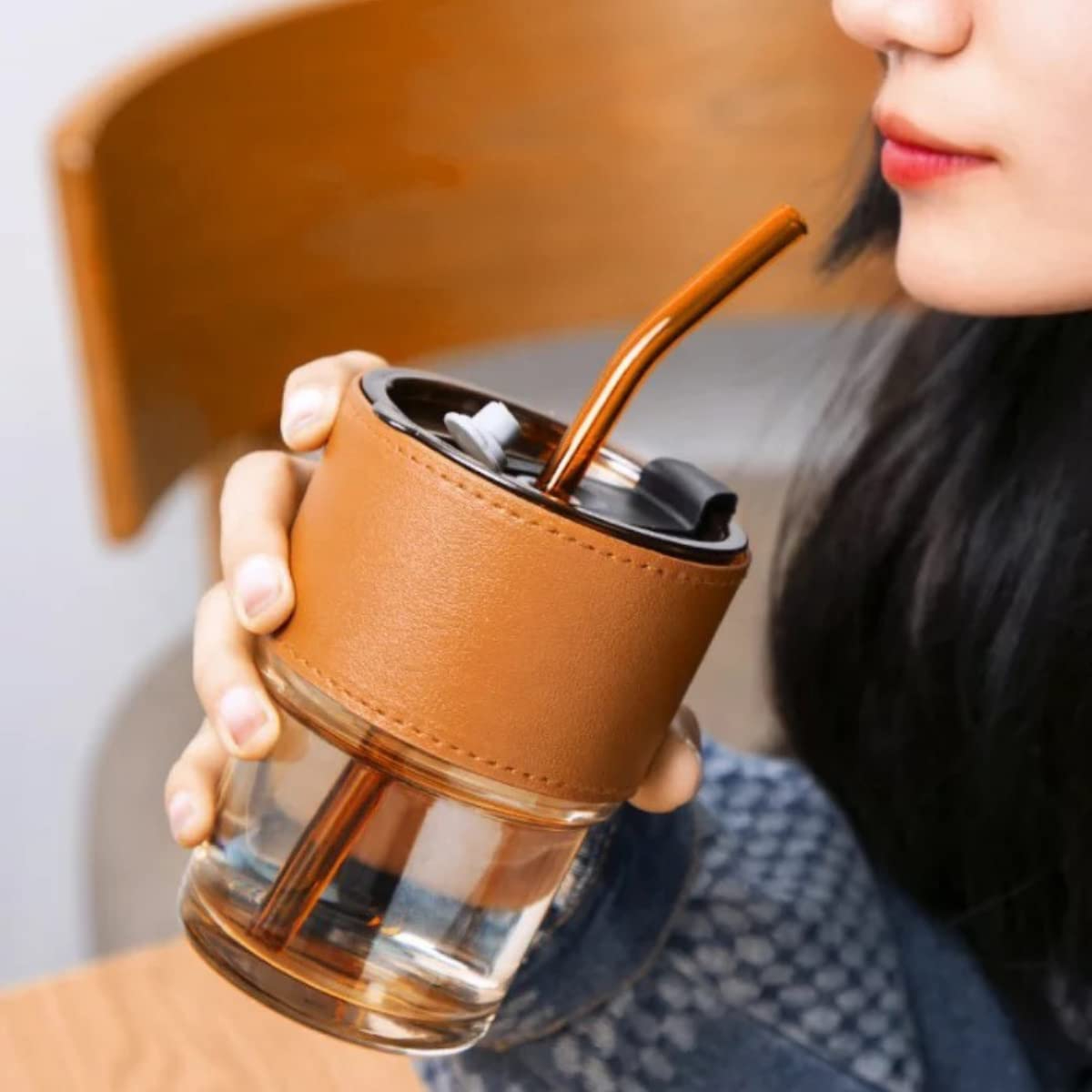 450ml Glass Tumbler with Straw, Lid & Leather Sleeve, Leather Sleeve