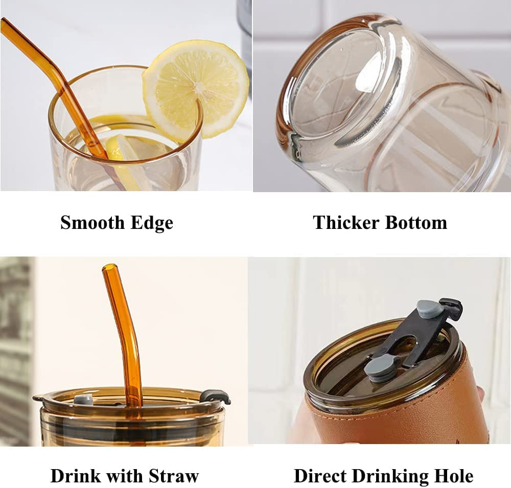 450ml Glass Tumbler with Straw, Lid & Leather Sleeve, Leather Sleeve