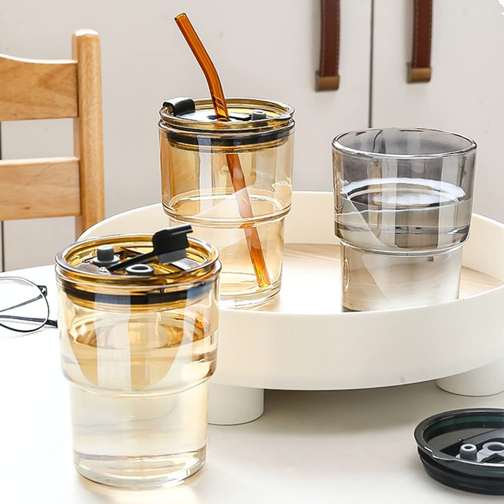 450ml Glass Tumbler with Straw, Lid & Leather Sleeve, Leather Sleeve