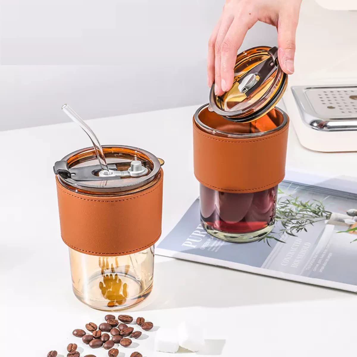 450ml Glass Tumbler with Straw, Lid & Leather Sleeve, Leather Sleeve