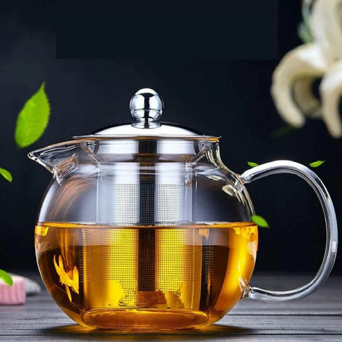 Glass Teapot with Heat Resistant Stainless Steel Infuser, Borosilicate Glass Tea