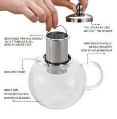 Glass Teapot with Heat Resistant Stainless Steel Infuser, Borosilicate Glass Tea