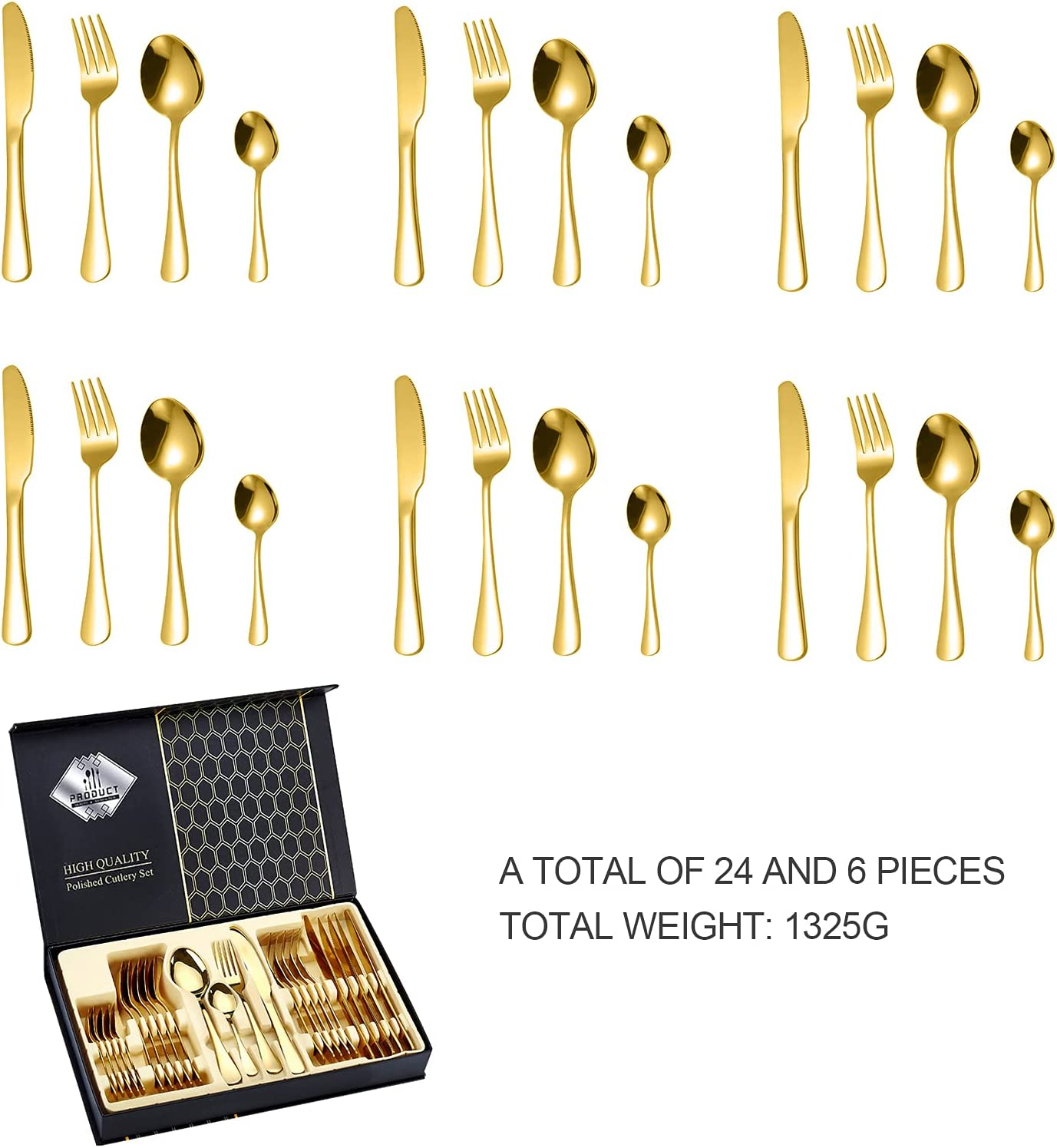 24 Pieces Stainless Steel Golden Cutlery Set, Polished Cutlery For 6 People