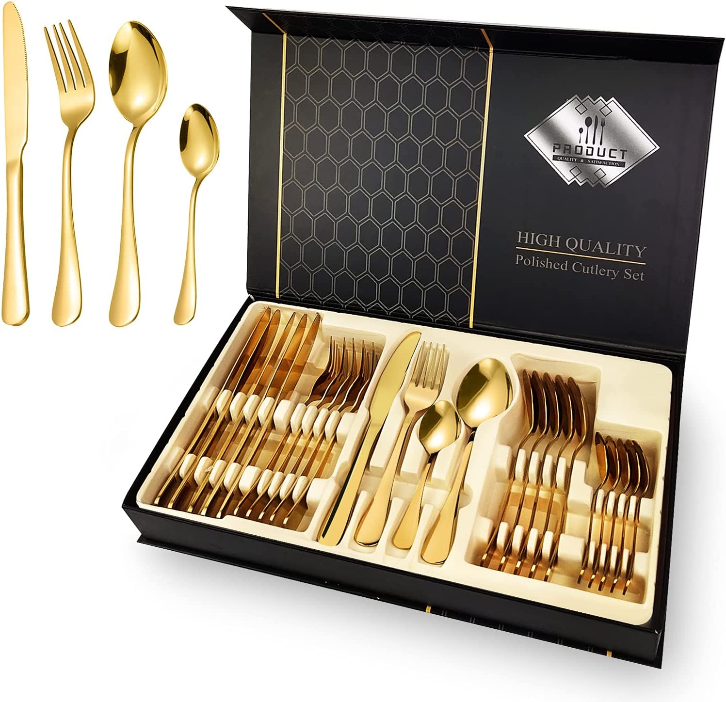 24 Pieces Stainless Steel Golden Cutlery Set, Polished Cutlery For 6 People