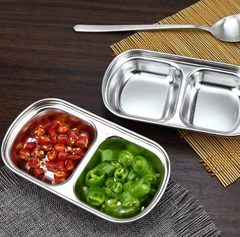 2 Compartments Stainless Steel Sauce Dish Seasoning Dish Snack Plate, Korean Sau