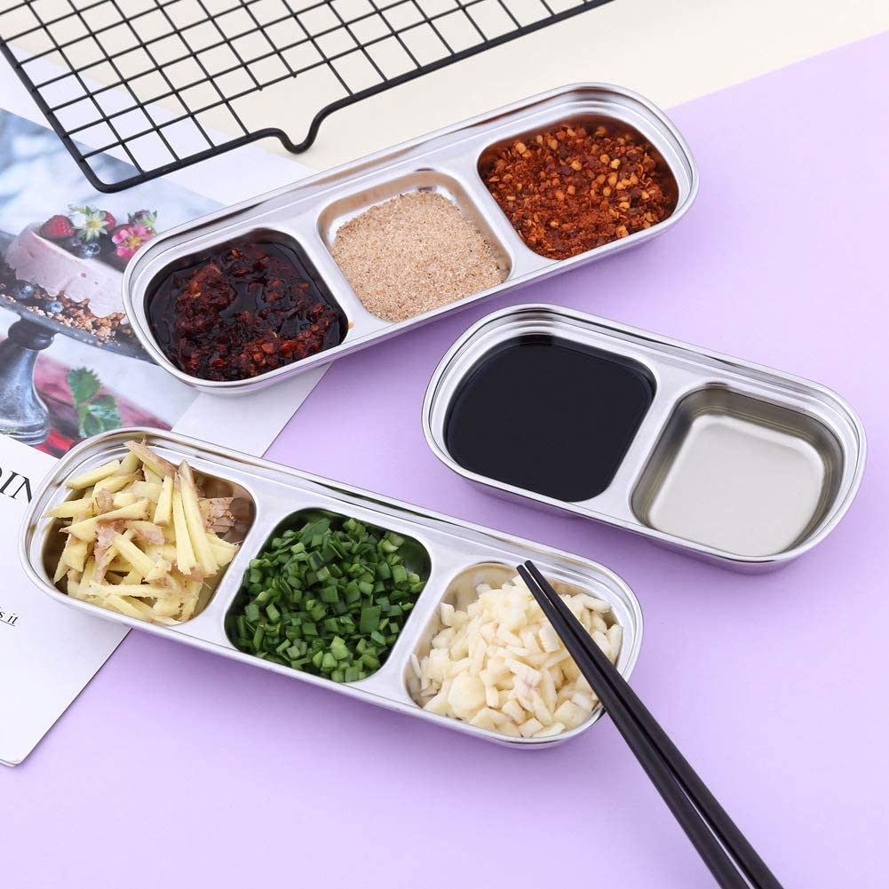 2 Compartments Stainless Steel Sauce Dish Seasoning Dish Snack Plate, Korean Sau