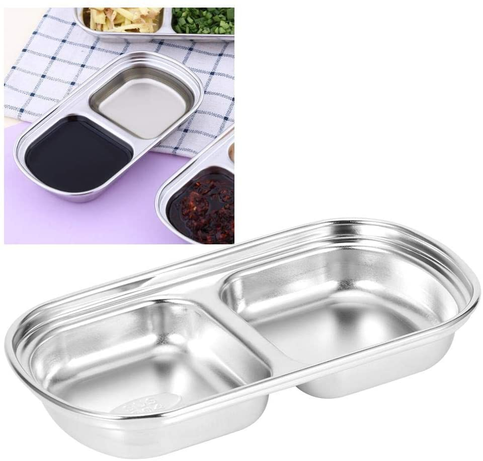 2 Compartments Stainless Steel Sauce Dish Seasoning Dish Snack Plate, Korean Sau