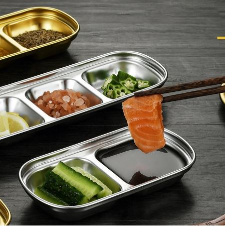 2 Compartments Stainless Steel Sauce Dish Seasoning Dish Snack Plate, Korean Sau