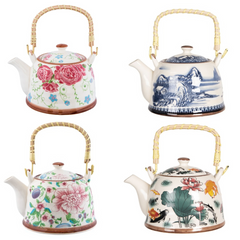 Random Design - Multicolored Ceramic Teapot With Rattan Handle, Porcelain Tea Ke