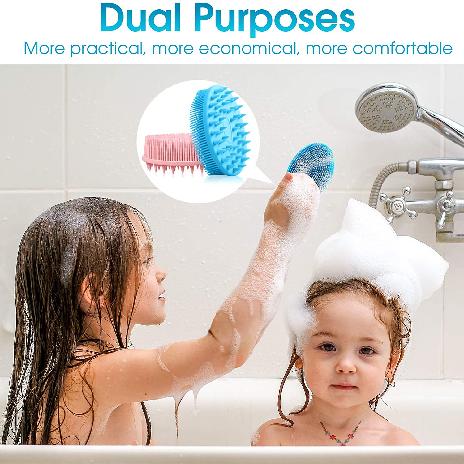 Random Color - 2in1 Bath Brush & Shampoo Scrubber, Bath and Shampoo Brush Silico