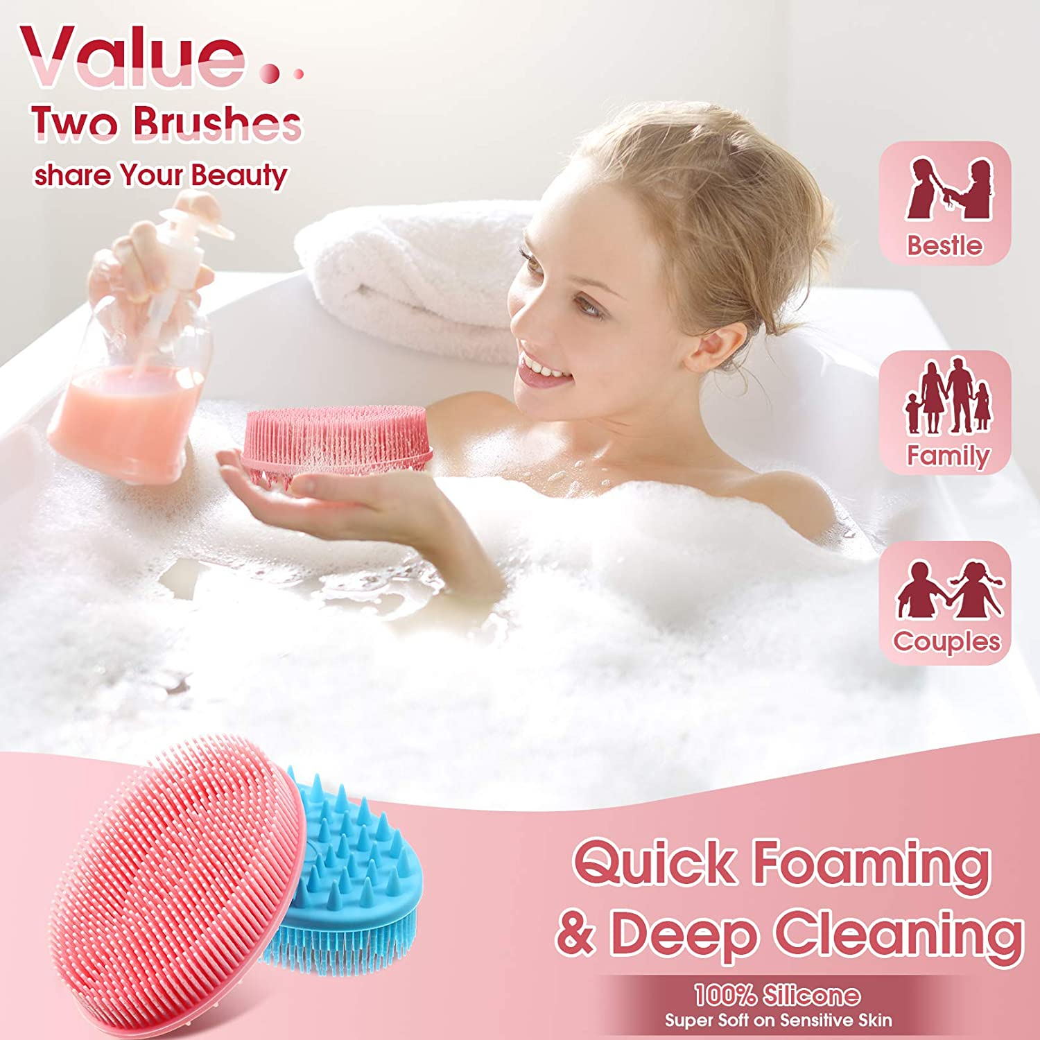 Random Color - 2in1 Bath Brush & Shampoo Scrubber, Bath and Shampoo Brush Silico