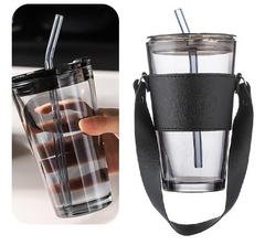 450ml Glass Tumbler with Straw, Lid, Handle With Protective Leather Sleeve, Reus