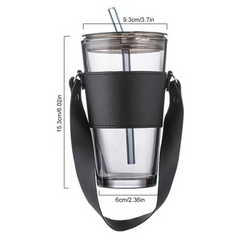 450ml Glass Tumbler with Straw, Lid, Handle With Protective Leather Sleeve, Reus