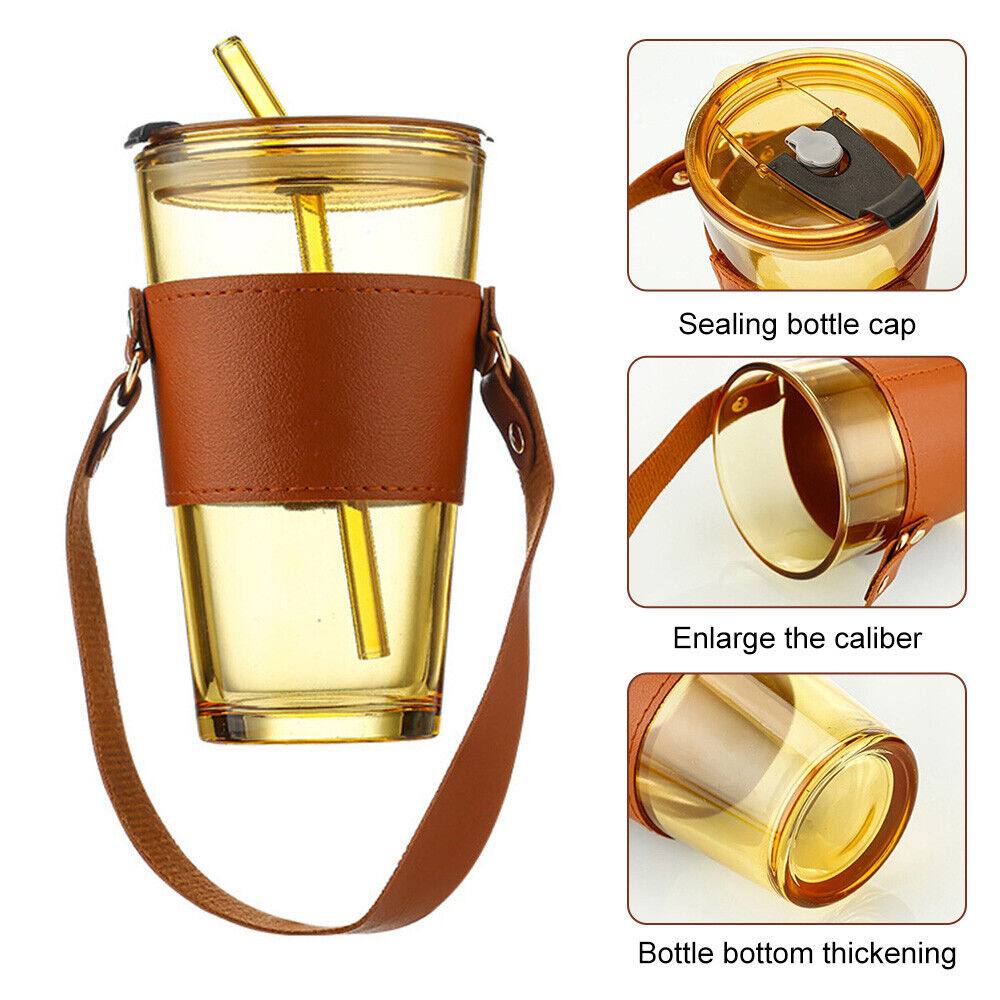 450ml Glass Tumbler with Straw, Lid, Handle With Protective Leather Sleeve, Reus