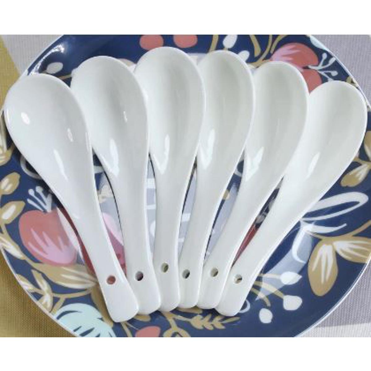 Pack of 6 - Ceramic Soup Spoons With Hanging Hole, Chinese White Ceramic Asian S