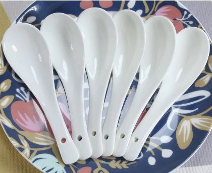 Pack of 6 - Ceramic Soup Spoons With Hanging Hole, Chinese White Ceramic Asian S