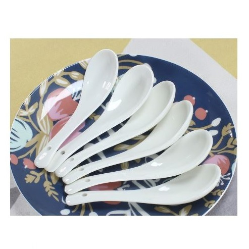 Pack of 6 - Ceramic Soup Spoons With Hanging Hole, Chinese White Ceramic Asian S